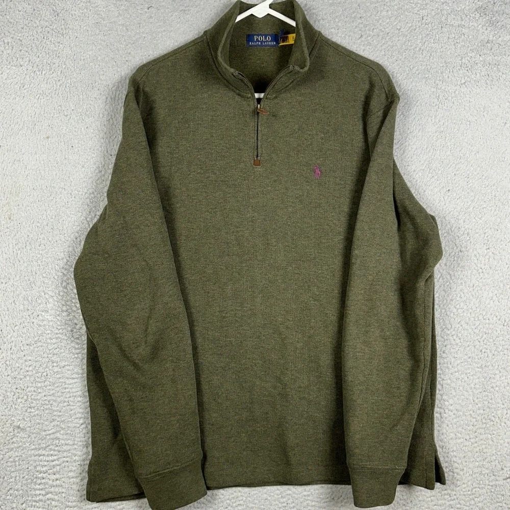 Polo Ralph Lauren Sweater Mens Large Olive Green Quarter Zip Pullover Mock Neck